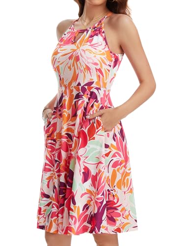Image of JOYSHAPER Built in Bra Summer Dress Casual Beach Sundress Flowy Halter Dress with Pockets