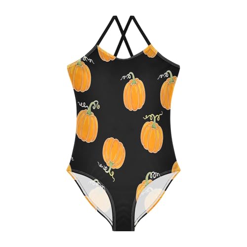 Orange Pumpkins Yellow Black Child Girl Swimsuit, Beach Apparel 3-10 Y with Adjustable Shoulder Strap, 3-10 Y