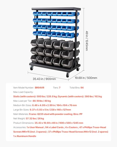 Image of VEVOR 7-Tier Double-Sided Rolling Bin Storage Rack, 94 Plastic Bins, Dual-Sided Parts Organizer with Wheels, Mobile Tool Organizer for Garage, Warehouse, Office, Restaurant, Classroom, Kitchen