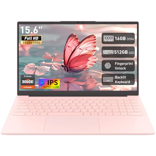 Auusda 16GB RAM 512GB SSD Laptop Compatible with Win11 15.6 Full HD IPS Backlit Keyboard & Fingerprint Login Full-Function USB C 6000mAh Lightweight Design for School & Work (Pink)