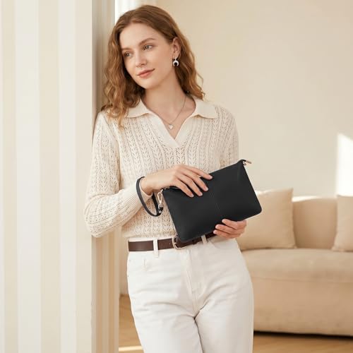 Image of YALUXE Genuine Leather Wristlet Handbags Purses Cell Phone Pocket Clutch Wallet Crossbody Bags for Women
