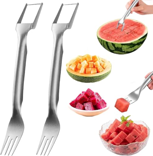 2-in-1 Stainless Steel Fruit Cutter, Watermelon Cutter, Dual Head Watermelon Fork Slicer Tool, Summer Fruit Cutting Kitchen Gadget by MEMOFO - Used condition - US$14.74