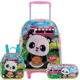 Kit Escolar Infantil Mochila de Rodinhas Ursinho Panda fofo Fast food hamburguer Lancheira Térmica Estojo Grande Zíper Estampa Volta às Aulas