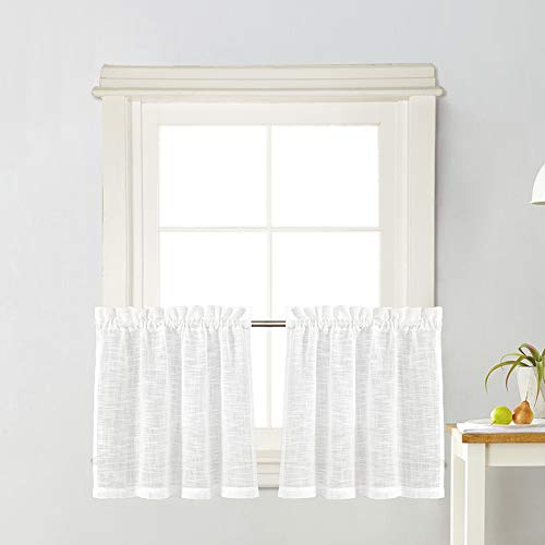 Zceconce White Linen Semi-Sheer Tier Curtains Privacy Textured for Kitchen 24 Inch Long for Kitchen Hotel Dining Room Total Size 72 Inch Wide (36
