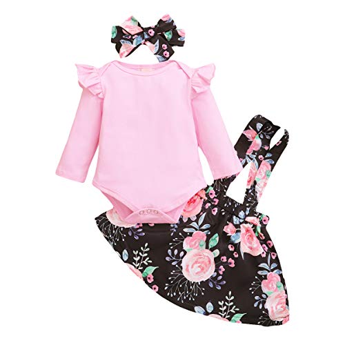 Baby Girl Clothes,Toddler Girls Outfits Long Sleeve Romper Bodysuits T-Shirt Floral Skirt Strap Infant Overall Dress Clothes Set 3pcs(Pink,18-24 Months)