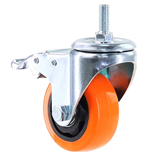Heavy Duty Stem Caster Wheels M10-1.5X25mm Dual Locking No Noise PVC Threaded Stem Caster Wheels Pack of 4 for Workbench, Dolly, Furniture (3 Inch, Orange) - Thumbnail 3