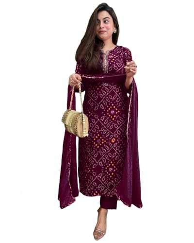 Image of GoSriKi Viscose Printed Straight Kurta with Pant and Dupatta for Women | Viscose Wine | 3 /4 Sleeve | Round Neck V-Slit | Ethnic Wear Casual Wear