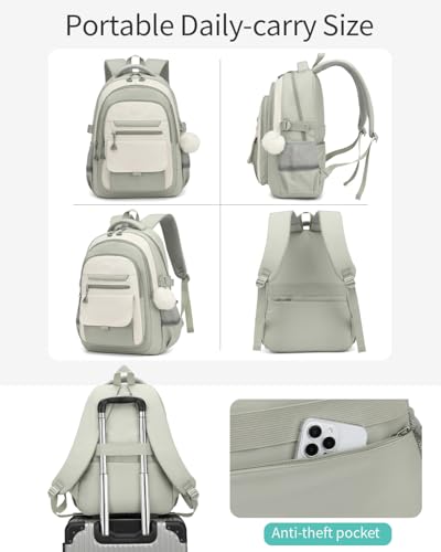 Image of School Backpack for Teen Girls, Large Capacity Laptop Bag for High School Middle School Elementary, Aesthetic Bookbag College Women, Beige Green