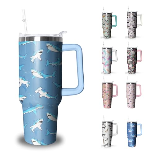Xchearser Shark Tumbler with Handle and Straw, 40 oz Stainless Steel Pink Insulated Cup with Lid and Straw,Travel Coffee Mug Water Bottle, Birthday Christmas Mothers Day Gifts for Animal Lovers Women by Xchearser - Used condition - US$19.75
