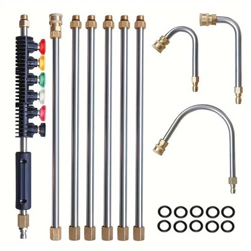 Gutter Cleaning Tool Pressure Washer Extension Wand Set 4000 PSI Washer Gun Extension Rod Telescopic Roof Cleaner Lance with 5X Spray Nozzle Tips 1/4 Inch Quick Connect power For cleaning roofs gu