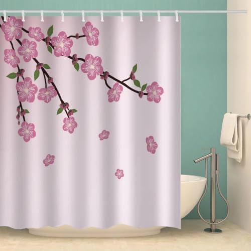 Cortina de Ducha con Estampado de Flores de Cerezo, 280x200cm Flores Rosas, Estilo japonés romántico, Textil de poliéster Impermeable Cortina de Ducha antimoho, con Ganchos