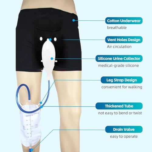 Condom Catheters for Elderly Men Age 80 - Wearable Urinal Underwear with Silicone External Catheter, 2 Reusable Bags, Easy On/Off Design for Incontinence, Senior Care, and Long Drives (Medium)
