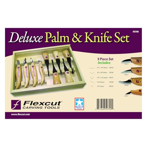 Image of Flexcut Wood Carving Tools | Deluxe Palm & Knife Set | Includes 4 Carving Knives and 4 Palm Tools | 1095 High Carbon Steel Blades | Ash Hardwood Handles | KN700 | Made in the U.S.A.
