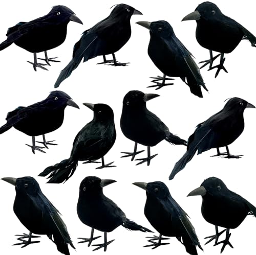 12 Pieces Halloween Black Crows Feathered Crows Realistic Looking Halloween Handmade Feathered Crow for Halloween Indoor Outdoors Ravens Birds Decoration 3 Styles