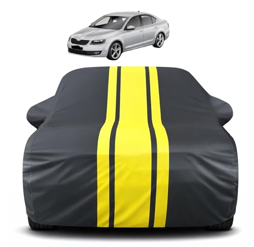 Image of Auto Hub Car Cover Compatible with Skoda Octavia Old with Mirror Pocket, Soft Cotton Lining, Octavia Car Cover Waterproof - Yellow-Black