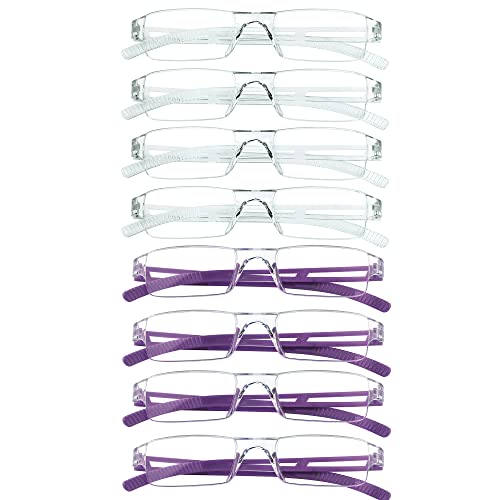 VisionGlobal 8 Pairs Reading Glasses, Blue Light Blocking Glasses, Computer Reading Glasses for Women and Men, Fashion Square Eyewear Frame (4clear+4purple,+1.75 Magnification)