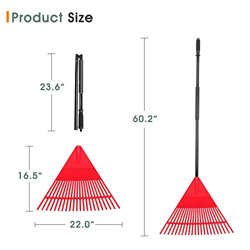 22Tines Foldable Garden Rake, 60” Durable And Strong Folding Leaf Rakes For Lawns, Yard, Grass & Courtyard, Lawn Rake With Plastic Red Head And Steel Black Handle, Easy To Store And Hang #TOP1