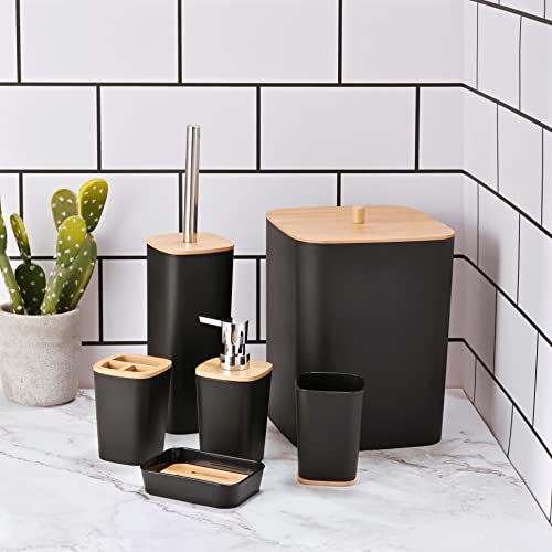 Yorkmills 6 Pieces Bamboo Bathroom Accessories set, Luxury Bathroom Accessory Set, Bathroom Bin And Toilet Brush Set, Toothbrush Holder Tumbler Soap Dish Trash Can Soap Dispenser Bath Set Gift - Image 4