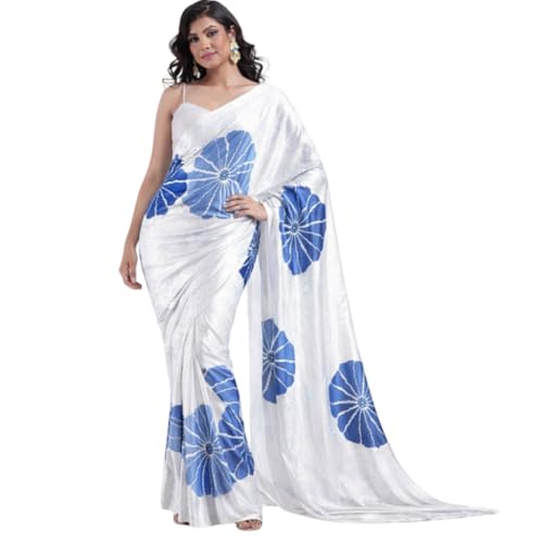 Image of Japan Satin Floral Print Saree for Women with Blouse Piece - Satin Finish Draped Saree