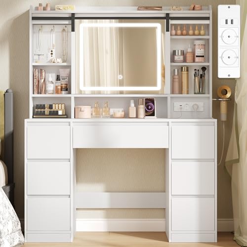 HEXCELEN Coiffeuse avec Miroir et multiprise, 40 × 108 × 148,6 cm, Blanc – vue 9