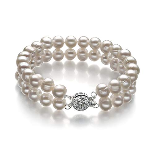 EDA White 6-7mm Double Strand A Quality Freshwater 925 Sterling Silver Cultured Pearl Bracelet for Women