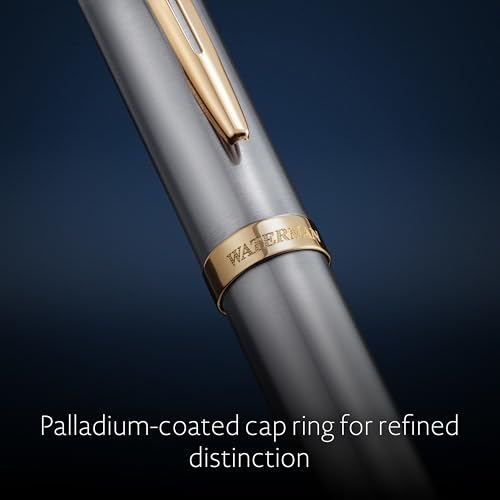 Image of Waterman Impression Ballpoint Pen, Medium Tip with Blue Ink Refill, Stainless Steel with Gold-Plated Trim, Gift Box