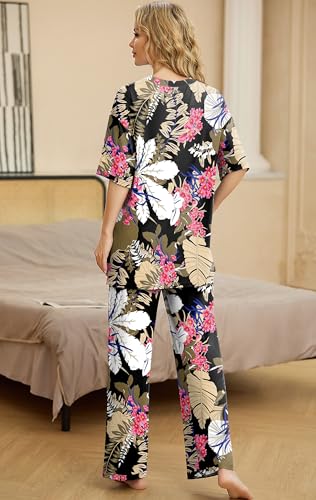 Image of PrinStory Womens Pajamas Sets 2 Piece Lounge Set Short Sleeve Tops and Long Pants Soft Pjs Loungewear with Pockets