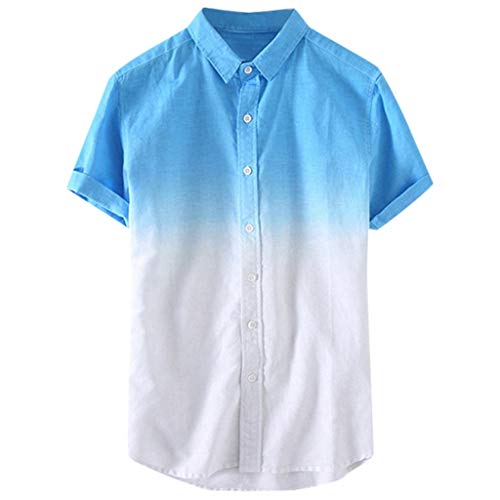 Mens Beach Blouse Short Sleeve Shirts Summer Button-Down Blouse Tops Gradient Color Casual T Shirts 3XL Tees Tops (Blue, L)
