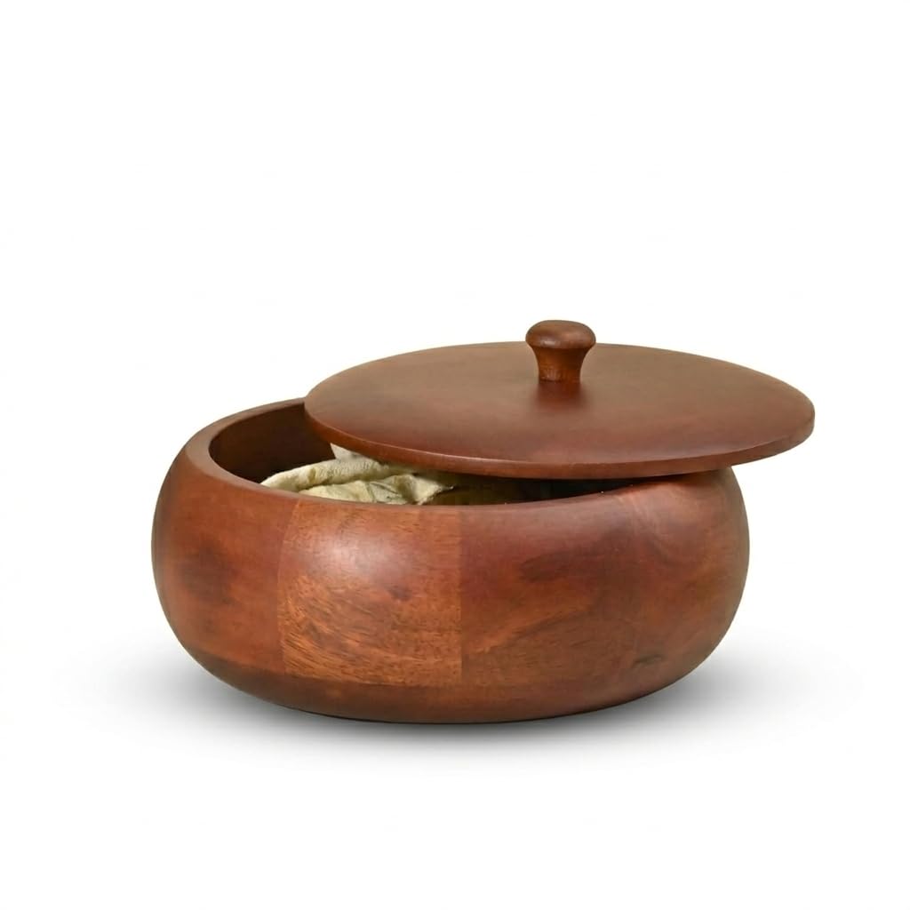 Wooden Chapati Box with Lid | Roti Box for Kitchen Storage & Serving | Wooden Roti Container for Chapati, Paratha & Snacks | Round Wooden Bread Box (Natural Finish)-image-21