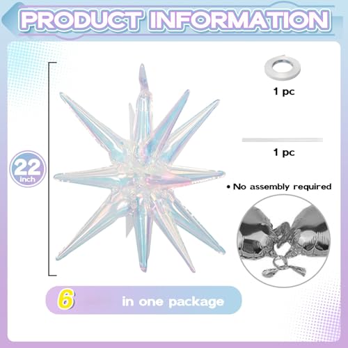 HILAVO 6PCS Iridescent Star Balloons, 22Inch Huge Iridescent Explosion Star Balloons Holographic Spike Cone Foil Balloon for Baby Shower Bridal Shower Wedding Birthday Party Decorations by HILAVO - Used condition - Image 2