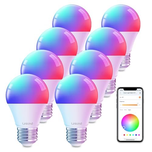 Linkind WiFi Smart Light Bulbs, Alexa Light Bulb Work with Alexa, Google Home, RGBTW 16 Million Color Changing Light Bulbs Dimmable, Mood Lighting, 2.4GHz Only, A19 E26 WiFi Bulb 60W 800LM 8 Pack