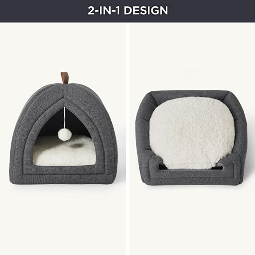 Bedsure Cat Cave Bed Igloo - Large Cat Tent Bed House with Removable Washable Cushion Pillow Foldable Portable Pet Bed,Dark Grey, 44x44x44cm - Image 2