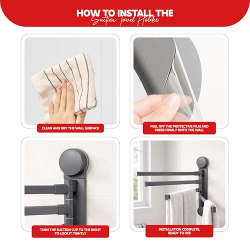 Image of Amazon Basics 4 Bar Suction Towel Holder for Bathroom - Rust - Free Powder Coated Wall Mounted Towel Rack No Drill Towel Rack | Modern Bathroom Accessories Organizer Grey