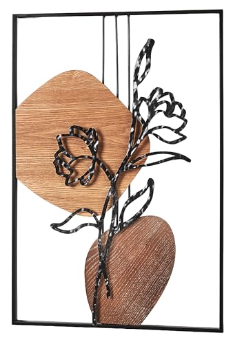 Kobolo Wandbild ZEN | 40x2x60 cm | Metall in Schwarz & Braun | modernes 3D-Wandbild mit filigranem Blumenmotiv & Holzakzenten | dekorative Wanddeko für Wohnzimmer, Schlafzimmer, Flur oder Büro