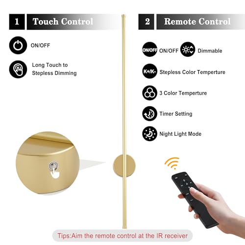 Image of Battery Operated Modern Wall Sconces,Dimmable Wireless Wall Light Set of Two with Remote Control,3 Color Temperatures,Rechargeable LED Wall Sconce for Bedroom,Living Room,Hallway,39.3 Inch, Gold