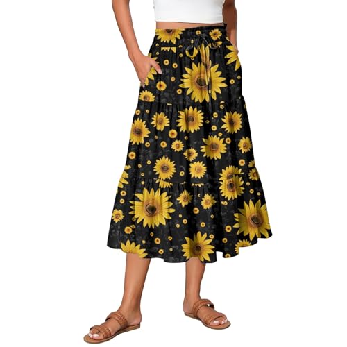 Womens Midi Skirts with Pockets 2025 Summer Long High Elastic Waist Beach Boho Flowy Ruffle A-Line Retro Floral Maxi Skirt