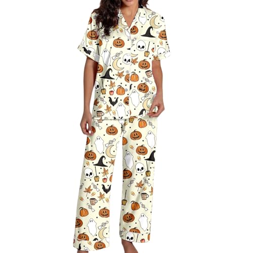 Pijamas de mujer de seda para Halloween conjuntos cómodos de manga corta abotonados