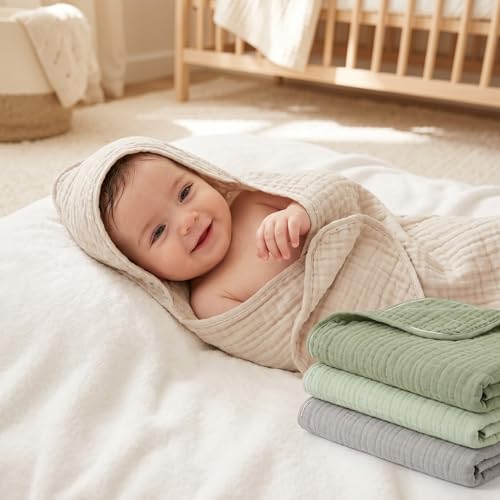 Image of Peryiter 4 Pcs Muslin Hooded Baby Towels, 32 inchx 32 inch Cotton Newborn Bath Towel Muslin Infant Baby Blankets Absorbent Unisex Newborn Registry Gift Essentials for Girls Boys (Green,Gray,Beige)
