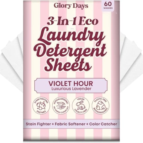 Glory Days 3‑in‑1 Eco Laundry Detergent Sheets – Plastic‑Free, Hypoallergenic & Color‑Protecting Laundry Strips – Cleans, Softens & Brightens Colors