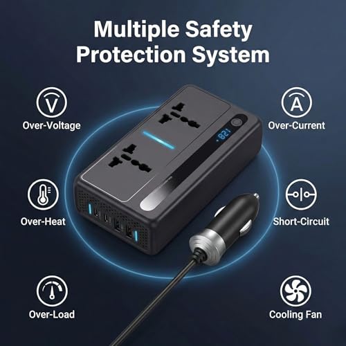 Image of YOURKARTS.COM 300W Car Power Inverter 12V DC to 220V AC Converter with 2 USB Ports + 2 Type-C Fast Charging + 2 AC Outlets + DC Socket | 7 Output Portable for Charger Laptop, Mobile, Travel