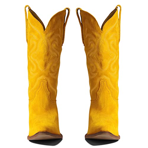 Image of LEHOOR Cowboy Boots Women Embroidered Mid Calf Western Boots Stacked Low Heel Pointed Toe Pull On Cowgirl Boot 4-11 M US