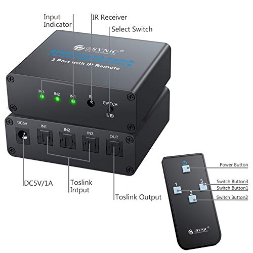 eSynic Digital Optical Audio Switchers 3 In1 Out Optical Switches Aluminum Alloy Optical Audio Switch with 6ft Optical Cable and Power Adapter Support IR Remote Control for PS4 Blue-Ray DVD HDTV etc