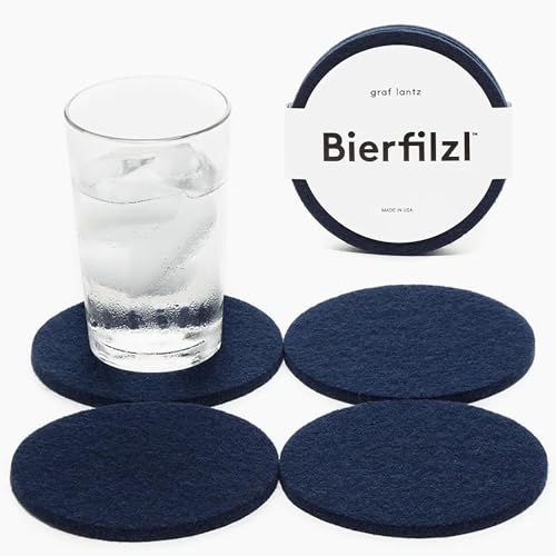 Graf Lantz - Bierfilzl Lot de 4 dessous de verre ronds en laine mérinos – Bleu marine (cercles de 10,2 cm) – Absorbe 30 % du poids – Laine allemande – Résistant à la chaleur, durable et réutilisable