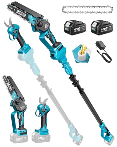 SEESII 4-in-1 Pole Saw & Pruning Shears Combo Kit, 6 Inch Mini Chainsaw for Tree Trimming, Battery Powered Chain Saw with Extension Pole, Limb Branch Cutter Pruner with 2 x 4000mAh Batteries