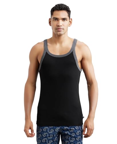 Image of Jockey US27 Men's Super Combed Cotton Rib Square Neck Gym Vest (Shoulder Strap Color May Vary) Black & Charcoal S
