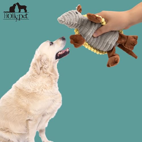 Image of Hollypet Plush Dog Squeaky Toy Stuffed Armadillo Animal Pet Puppy Chew Toys with Clean Teeth for Small Medium Large All Breed Sizes Dogs, Yellow, 8 in