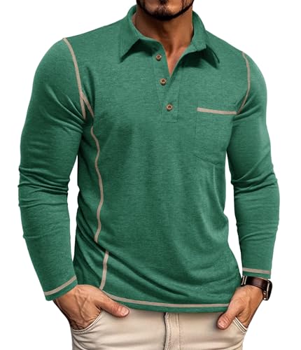 Mens Athletic Polo Shirt Cotton Workout Button Collar Long Sleeve Shirts with Pocket