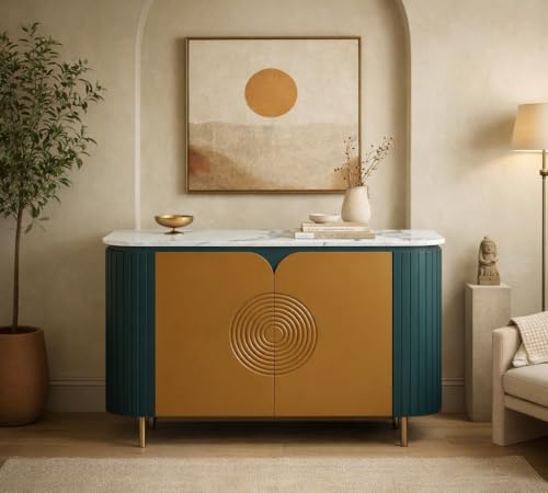 Image of Solid Wood Mandala Sideboard Cabinet with Sintered Stone Top for Living Room | Premium Acrylic Emerald Green and Terracotta Brown Finish | 119.8 x 39.8 x 85 cm