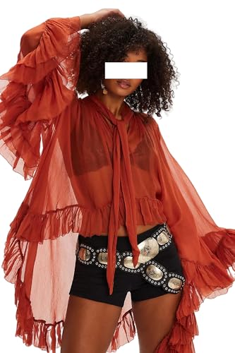 Image of FeMereina Women Long Bell Sleeve Frill Top See Through Sheer Mesh Blouse High Low Hem Ruffled Sexy Flowy Tops Shawl Shirt (Orange Red, L)