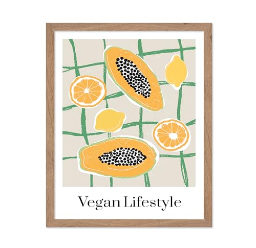 Poster Master Vegan Lifestyle Poster - Retro Papaya Print - Lemon Illustration - Fruit Design - Vegetable Design - Food & Drink Art - Chic Boho Decor - Aesthetic Kitchen Decor - 16x20 Beige Framed